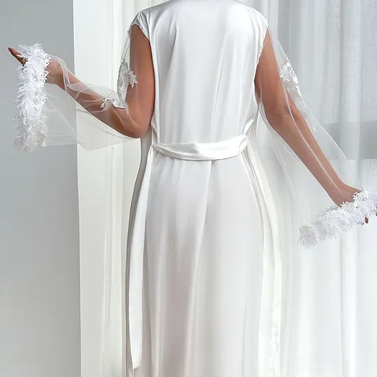 Wholesale Satin Woman Sleepwear Sexy See-Through Mesh Feather Lace Cuff Robe
