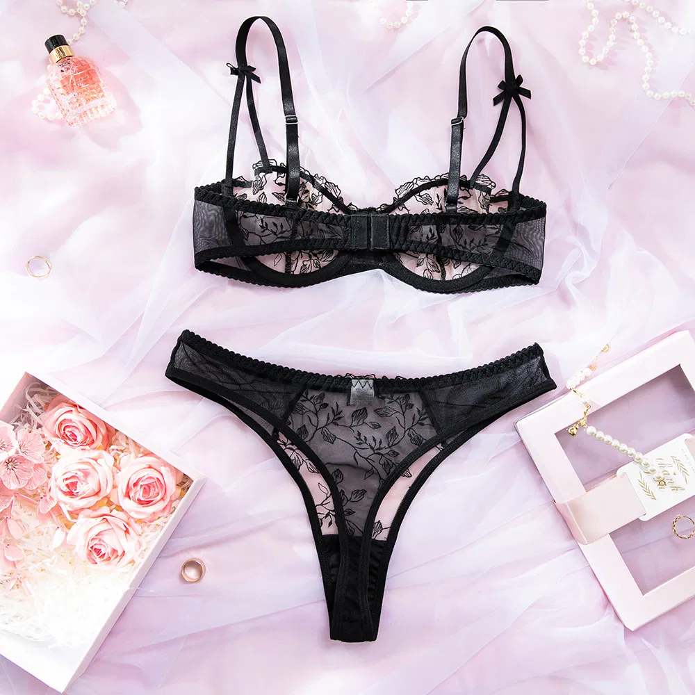 Sexy Floral Embroidery Women Bra Set Wholesale See-Through Mesh 2PCS Lingerie
