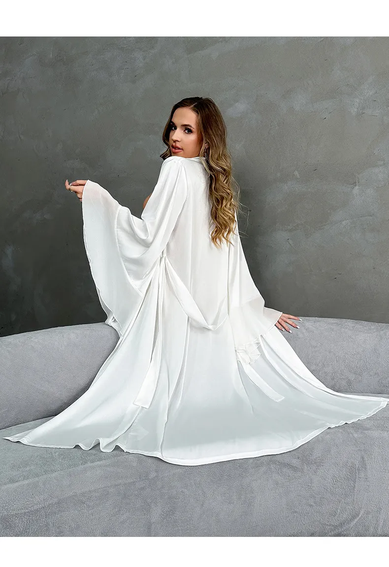 Wholesale Satin Long Sleeve Ruffled Chiffon Patchwork Sleepwear Sexy Women's Robe