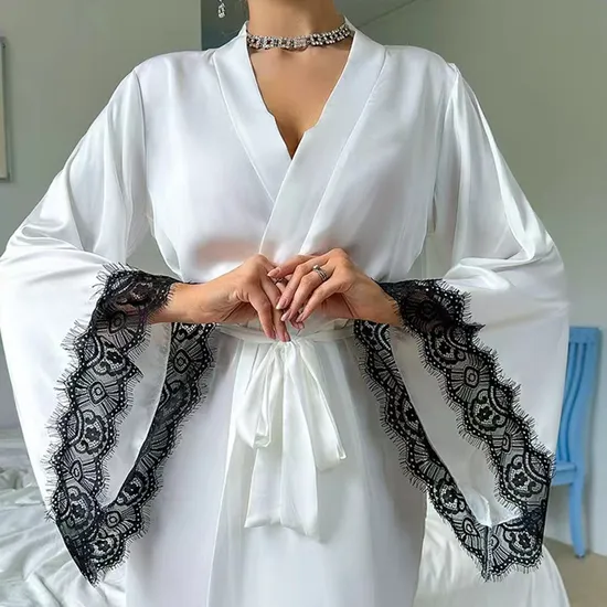 Wholesale V-Neck Satin Woman Lace Nightwear Sleepwear Sexy High-Quality Solid Color Robe
