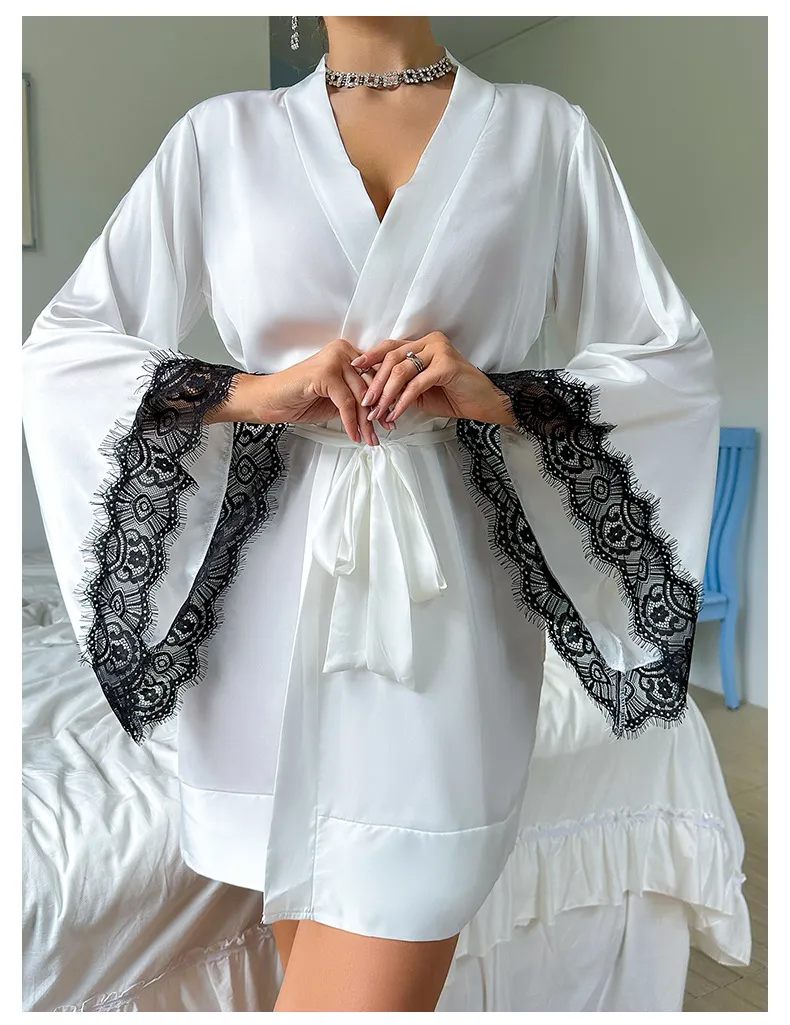 Wholesale V-Neck Satin Woman Lace Nightwear Sleepwear Sexy High-Quality Solid Color Robe