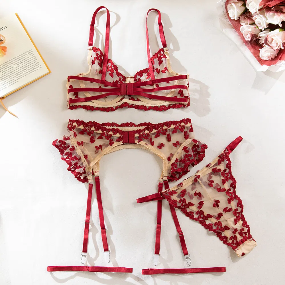 Wholesale Heart-Shaped Embroidery Woman Underwear Set Sexy Transparent Mesh Lingerie