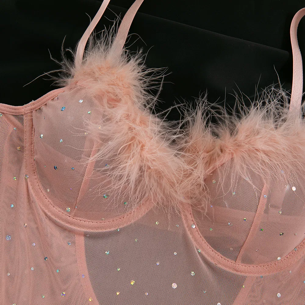 New Arrival Rhinestone Sparkling See-Through Mesh Underwear Set Sexy Feather Patchwork Lingerie