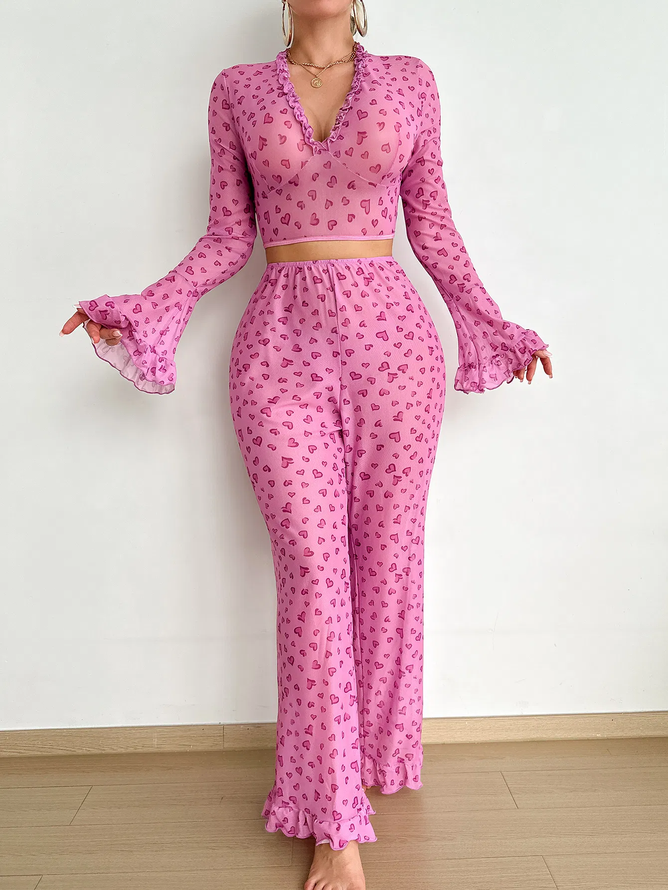 Hot Sell Erotic Long Sleeve Transparent Mesh Underwear Set Sexy Heart Print Women's Lingerie