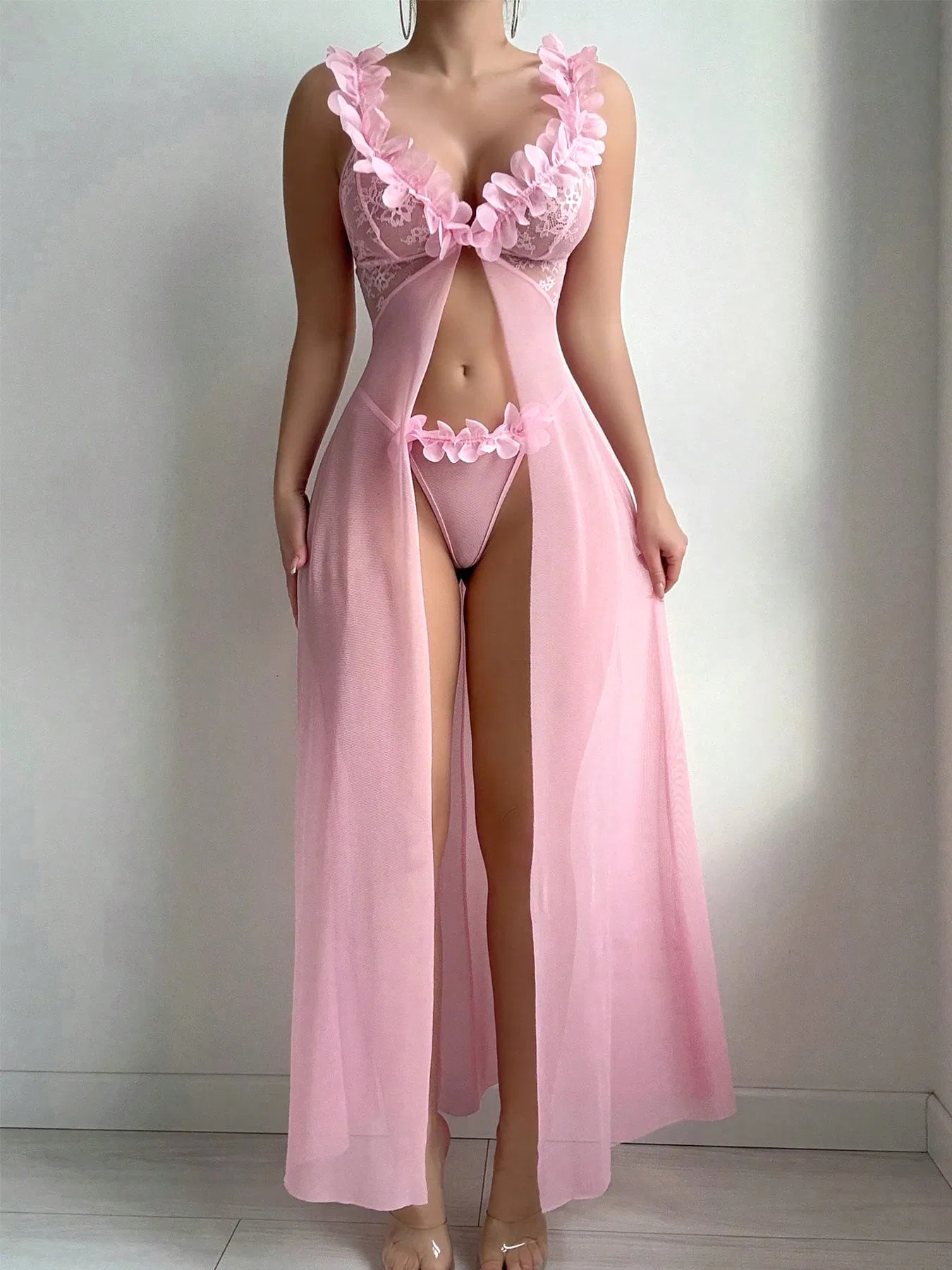New Fashion V-Neck Ultra-Thin Woman Underwear Set Hot Suspender Long Dress Lingerie