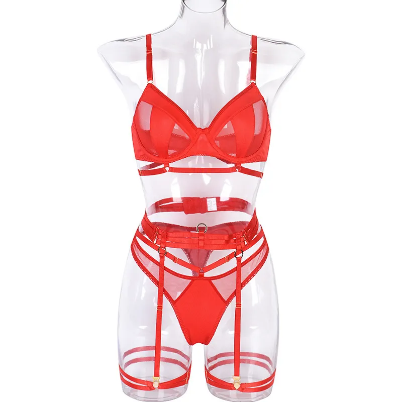 Wholesale Seduction See-Through Romantic Mesh for Women Four-Piece Breathable Ultra-Thin Set Bra Sexy Underwear Lingerie