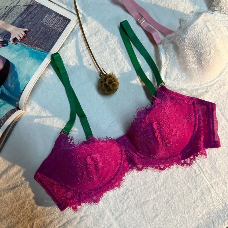 New Style French Seduction for Women Gathered Bra Set Lace Trim Breathable Sexy Lingerie