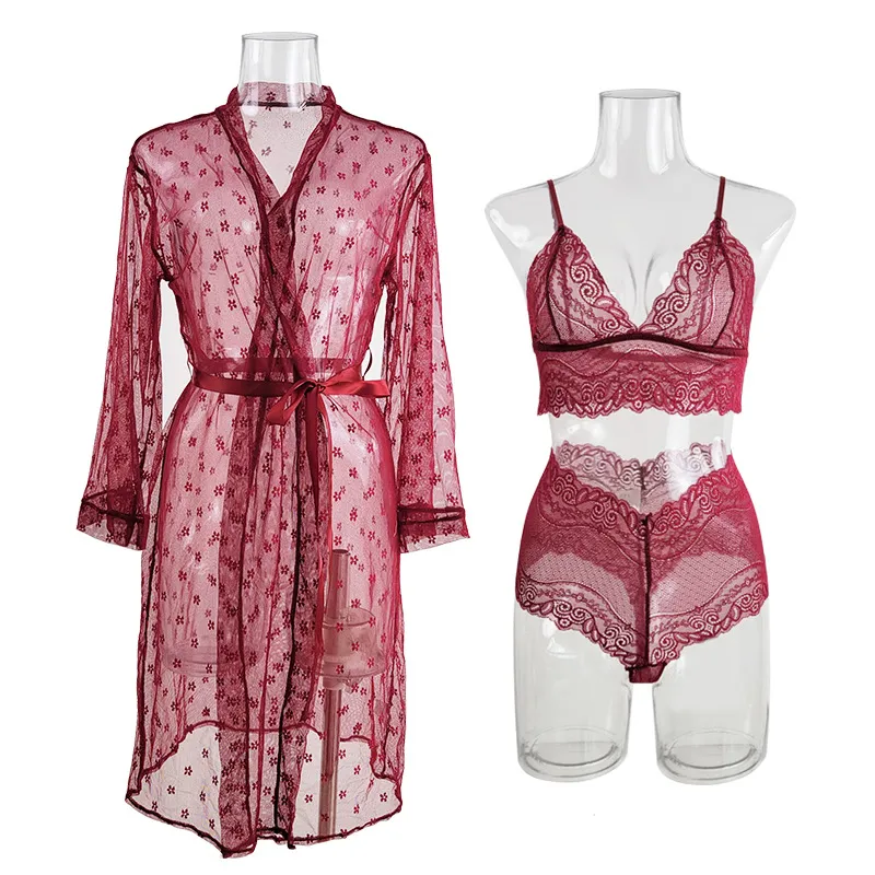 Wholesale Lace Dress Long Transparent Sleepwear Sexy Woman Lingerie Set with Robe