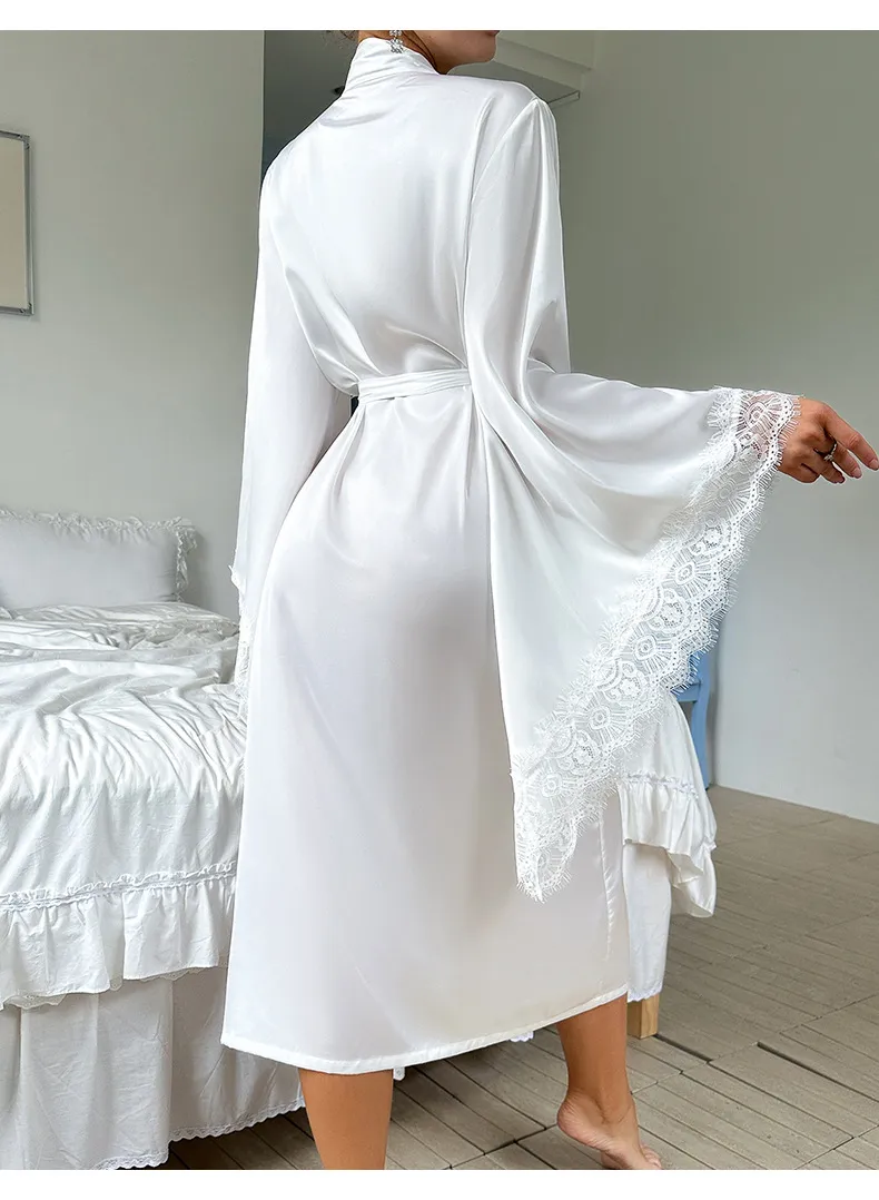 Wholesale Satin Lace Long Sleeved Women's Sleepwear Sexy High Quality Soft and Silky Robe