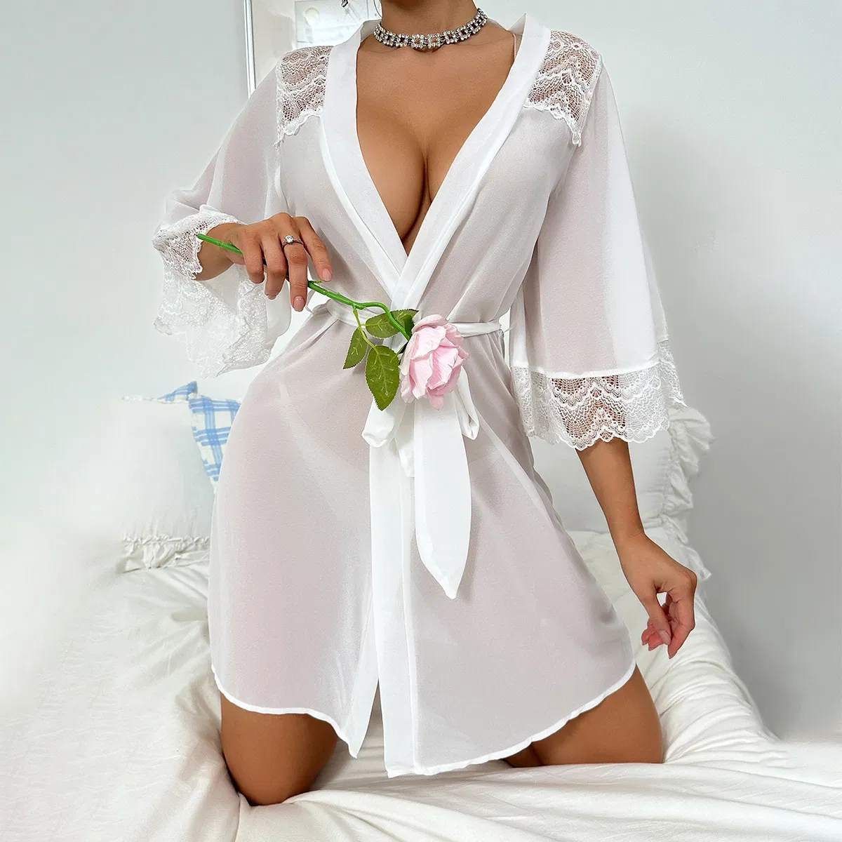 Sexy See-Through Chiffon Mesh Woman's Sleepwear Wholesale Lace Patchwork Robe