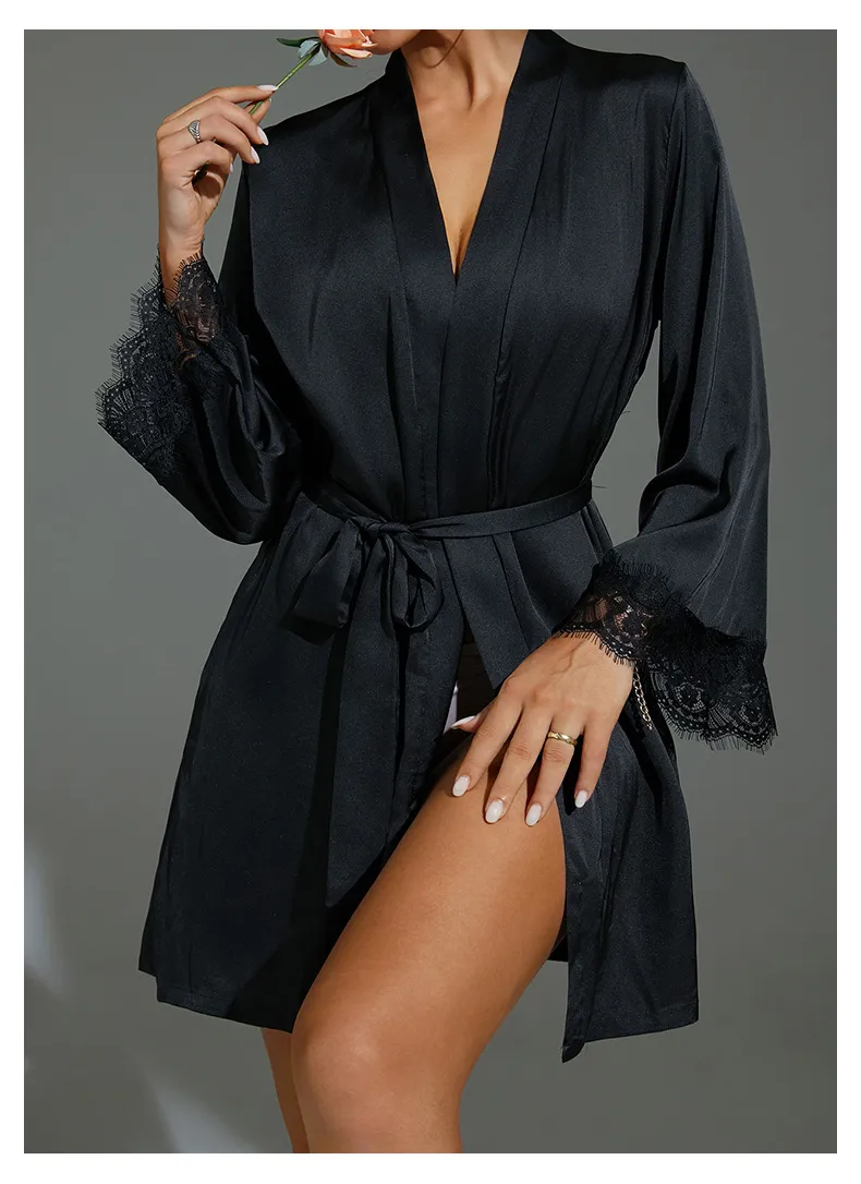 Sexy See-Through Polka DOT Mesh with Lace Sleepwear Nightwear Wholesale Women Satin Robe