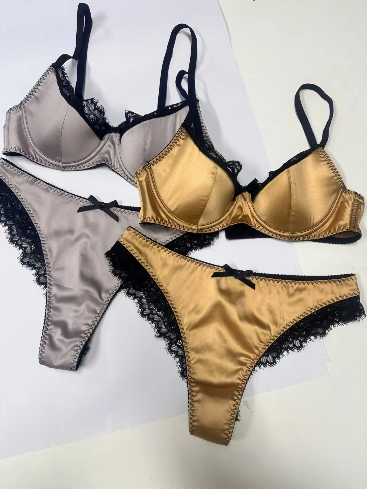 Wholesale French Lace Trim Sexy Breathable Satin Ultra-Thin Romantic for Women Soft Bra Set Underwear Lingerie