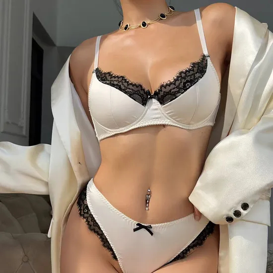 Wholesale French Lace Trim Sexy Breathable Satin Ultra-Thin Romantic for Women Soft Bra Set Underwear Lingerie