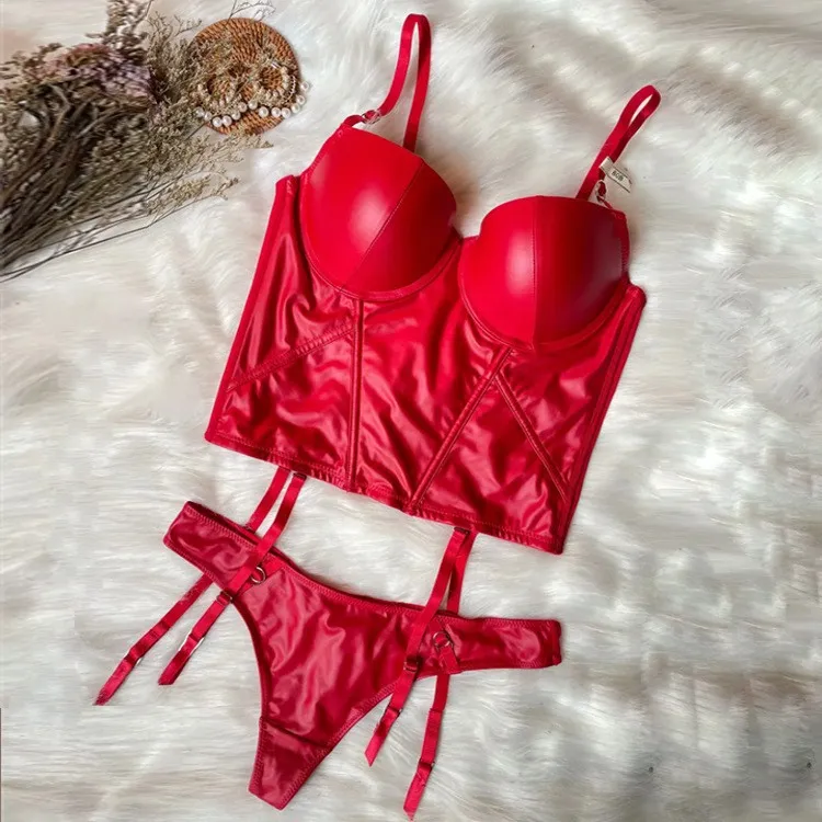 French Style Glossy Gathering Bra Leather Beauty Seduction for Women Soft Breathable Ultra-Thin Set Sexy Underwear Lingerie