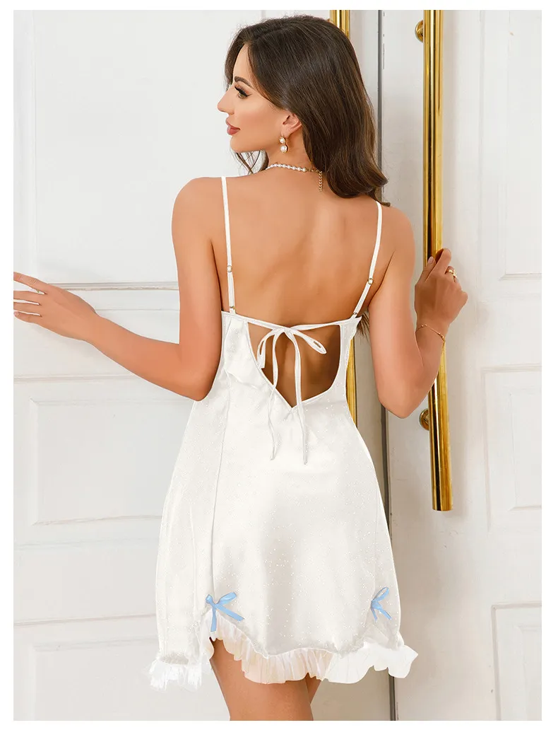 Sexy Contrasting Colors Bow Lace Dress Sleepwear Hot See-Through Woman Nightwear