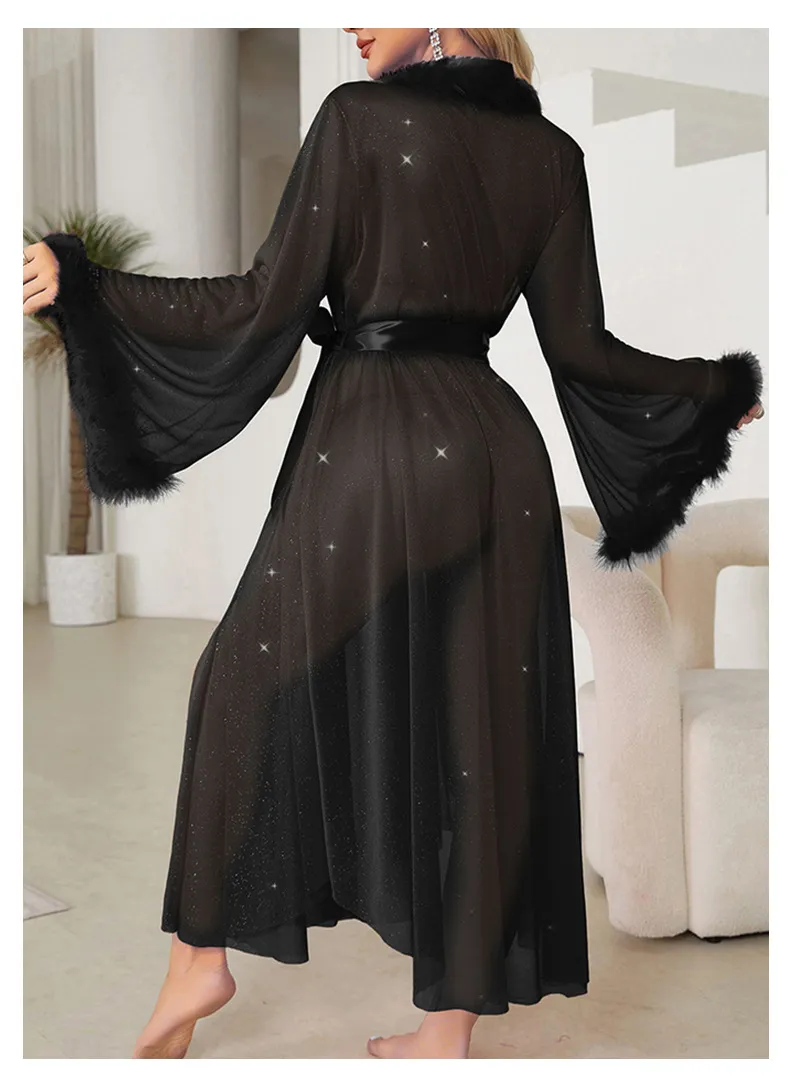 Wholesale Long Sleeve Open Front Sleepwear Sexy See Through Shiny Silver Line Women's Robe