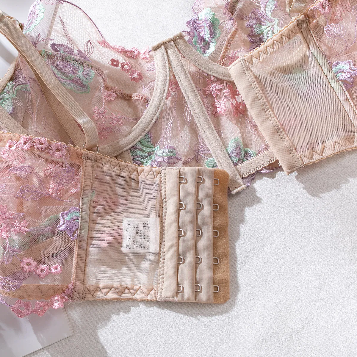 Sexy Mesh Transparent Flower Embroidery Fishbone Bra Set Factory Sell Woman Lingerie