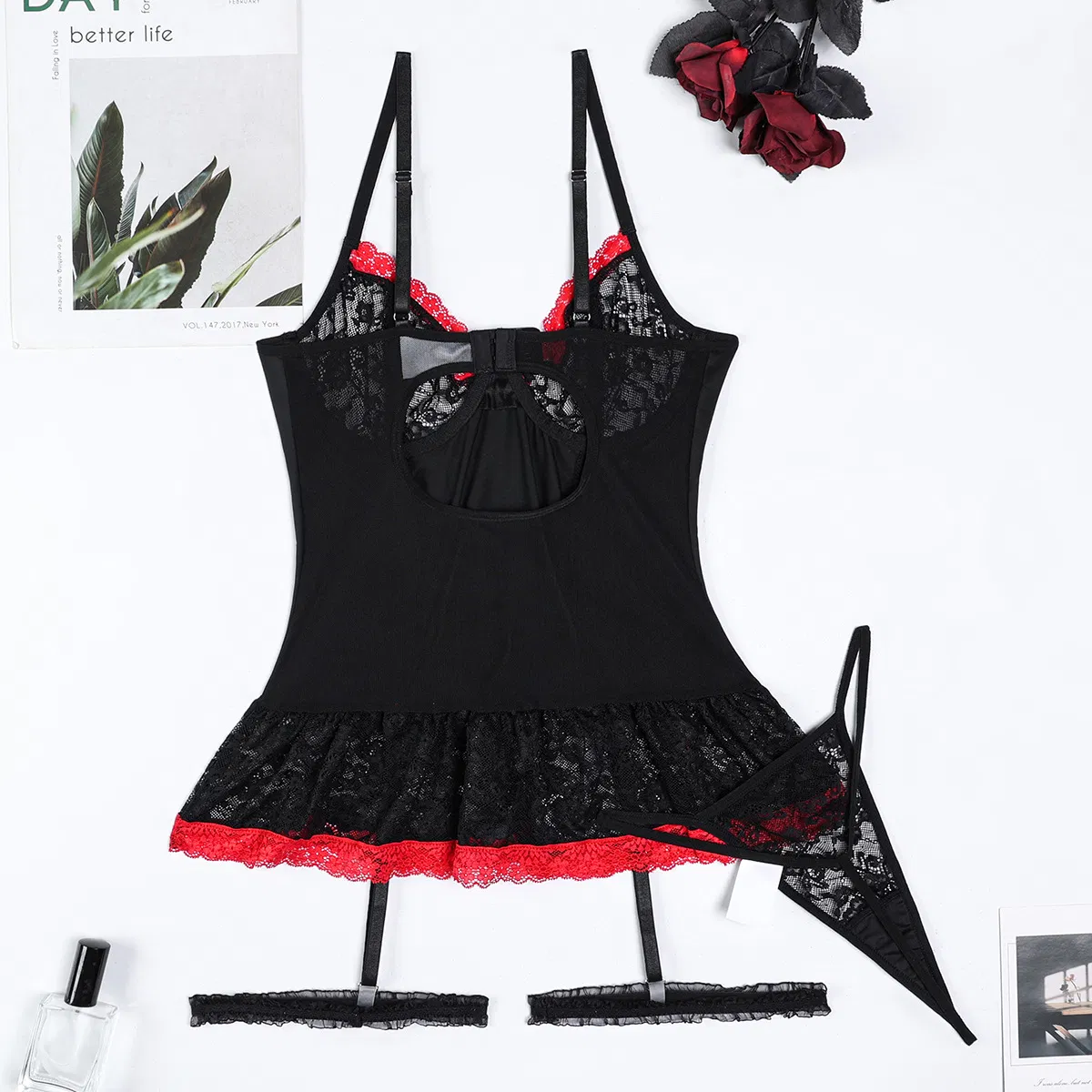 Sexy Cross Tie Bow Lace Embroidery Underwear Set New Suspender Ultra-Thin Woman Lingerie
