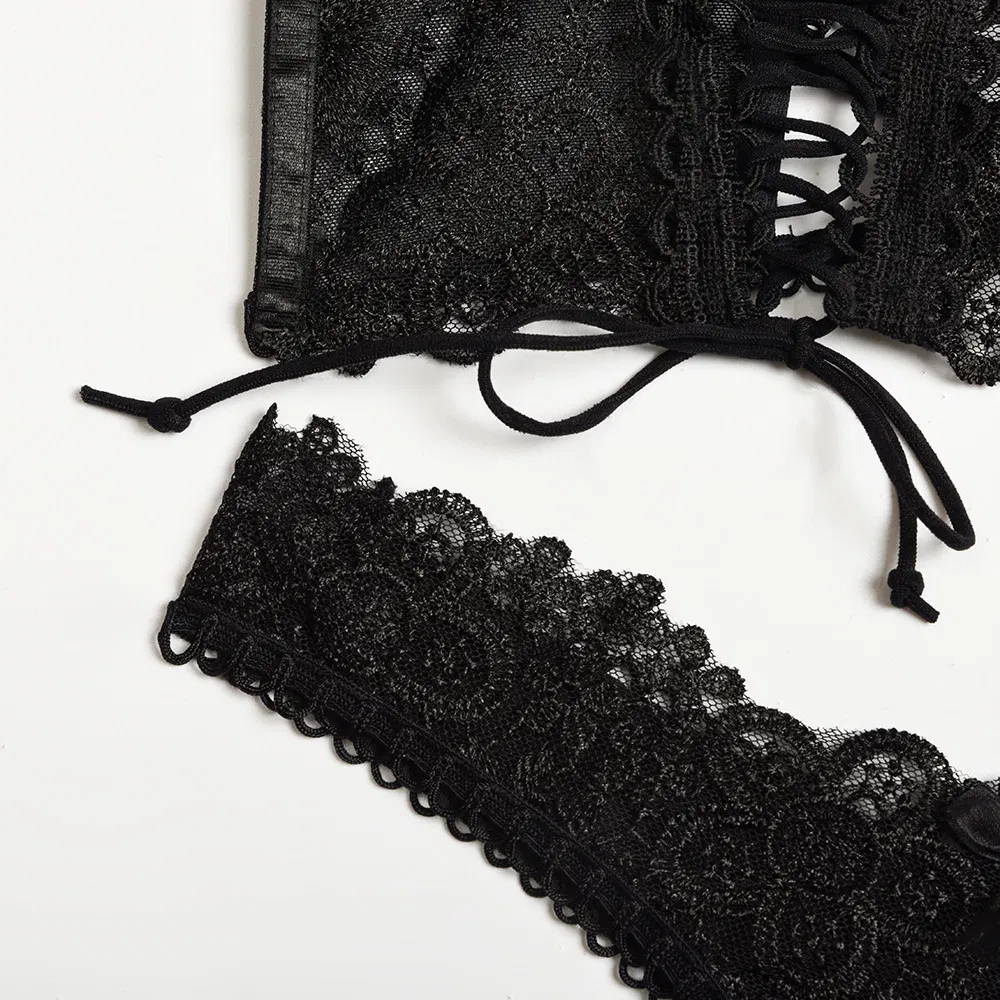Wholesale Embroidery Floral Bra Set Sexy Transparent Hollow out 2 Piece Woman Lingerie