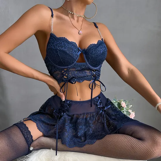 Sexy Embroidery Lace Hollow out Strap Cross Bra Set Wholesale Erotic Skirt Woman Lingerie