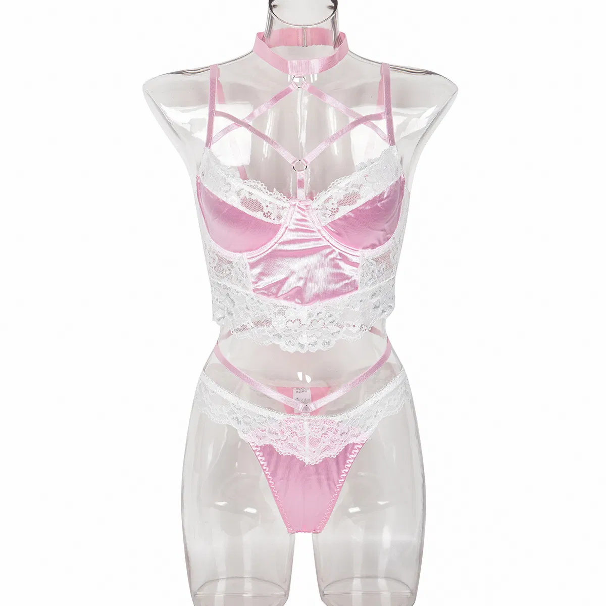Sexy Neck Hanging Cross Strap Underwear Set Wholesale Pink Satin Women Lingerie
