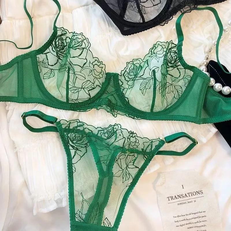 Hot Sell New Style Lingerie French Ultra-Thin Mesh Rose Embroidery Underwear Bra Set