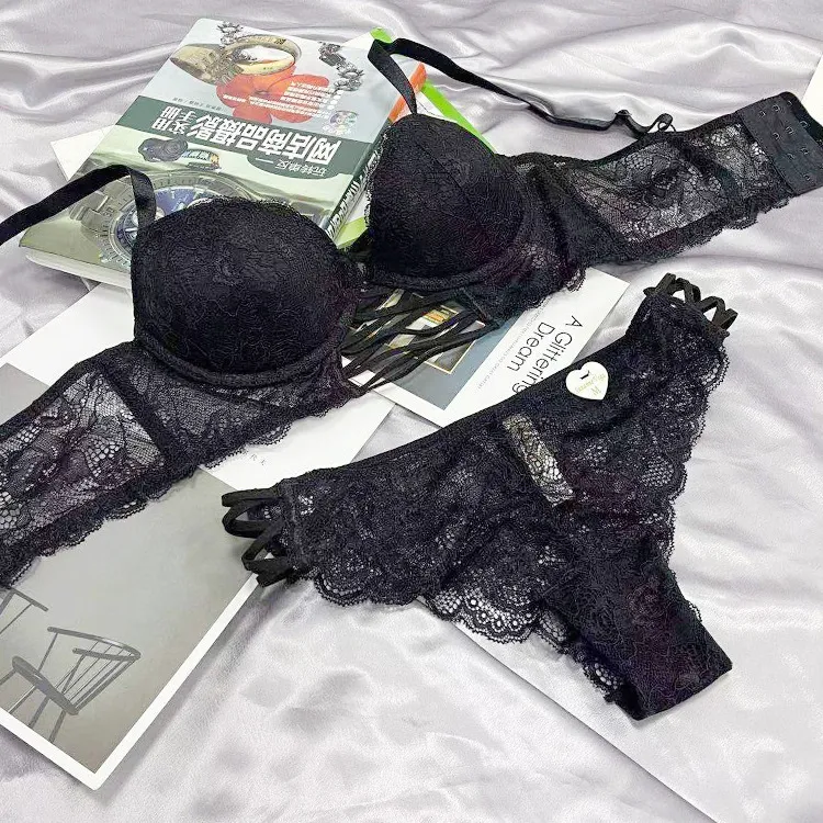 Wholesale Embroidery Lace Seduction for Women Deep V Gathered Breathable Ultra-Thin Set Sexy Bra Underwear Lingerie