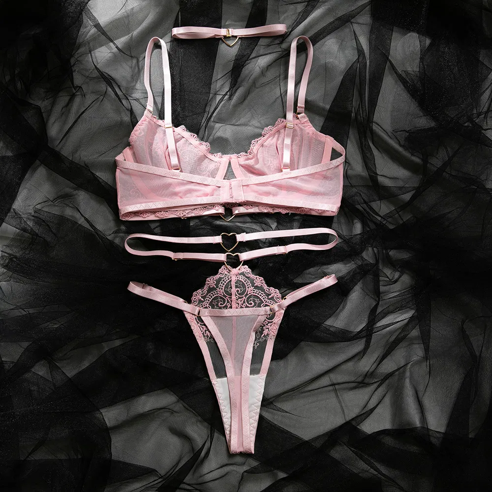Hot Fashion Love Heart Halter Woman Bra Set Sexy See-Through Embroidered Lingerie