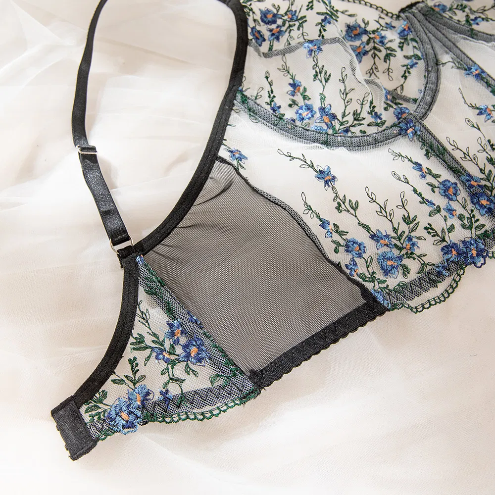 New Delicate Floral Pattern Woman Bra Set Sexy See-Through Two Piece Lingerie