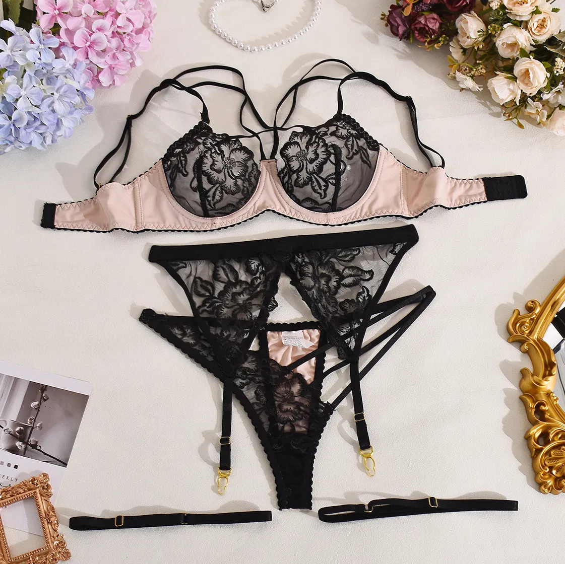 Wholesale See Through Mesh Embroidery Women's Bra Panty Sets Sexy Cross-Strap Lingerie