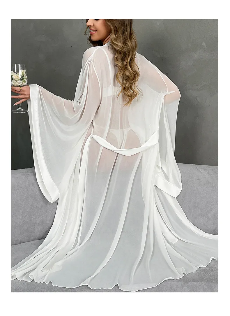 Wholesale See-Through Mesh Sleepwear Sexy V Neck Belt Ultral-Thin Woman Robe