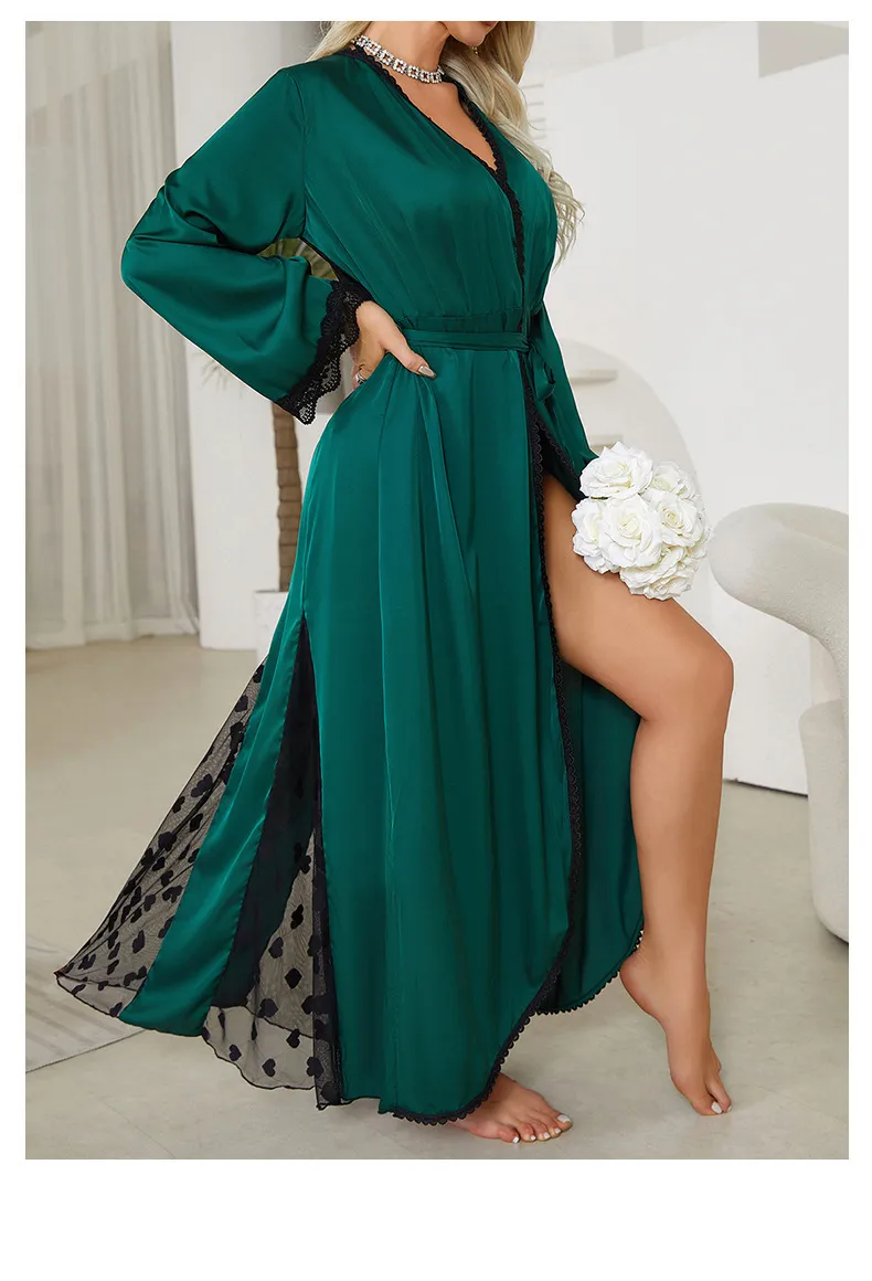 Wholesale Lace Satin Sleepwear Sexy Mesh Embroidery Patchwork Transparent Women's Robe