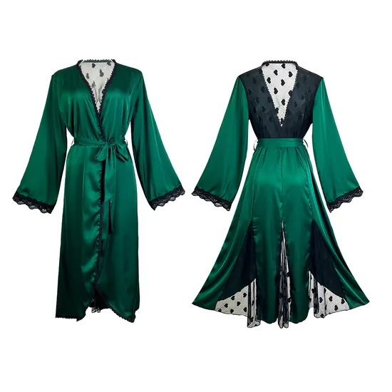 Wholesale Lace Satin Sleepwear Sexy Mesh Embroidery Patchwork Transparent Women's Robe