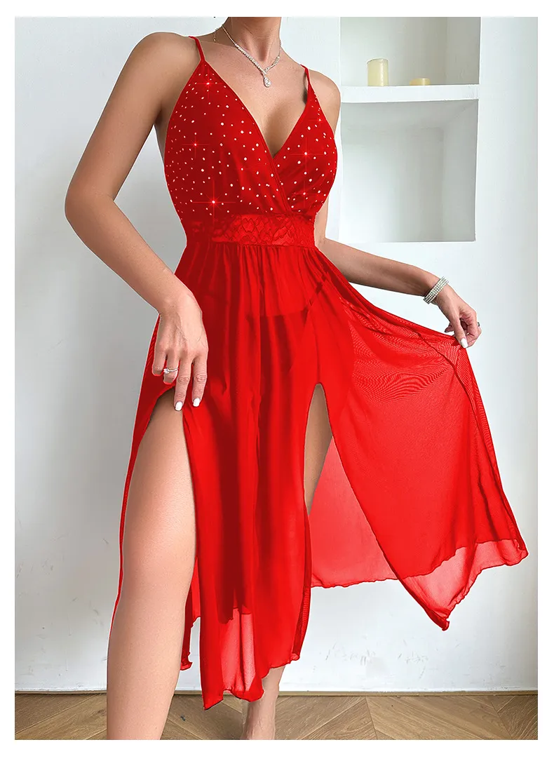 Sexy Erotic Transparent Woman Nightgown Dress Wholesale Solid Color Long Mesh Nightwear
