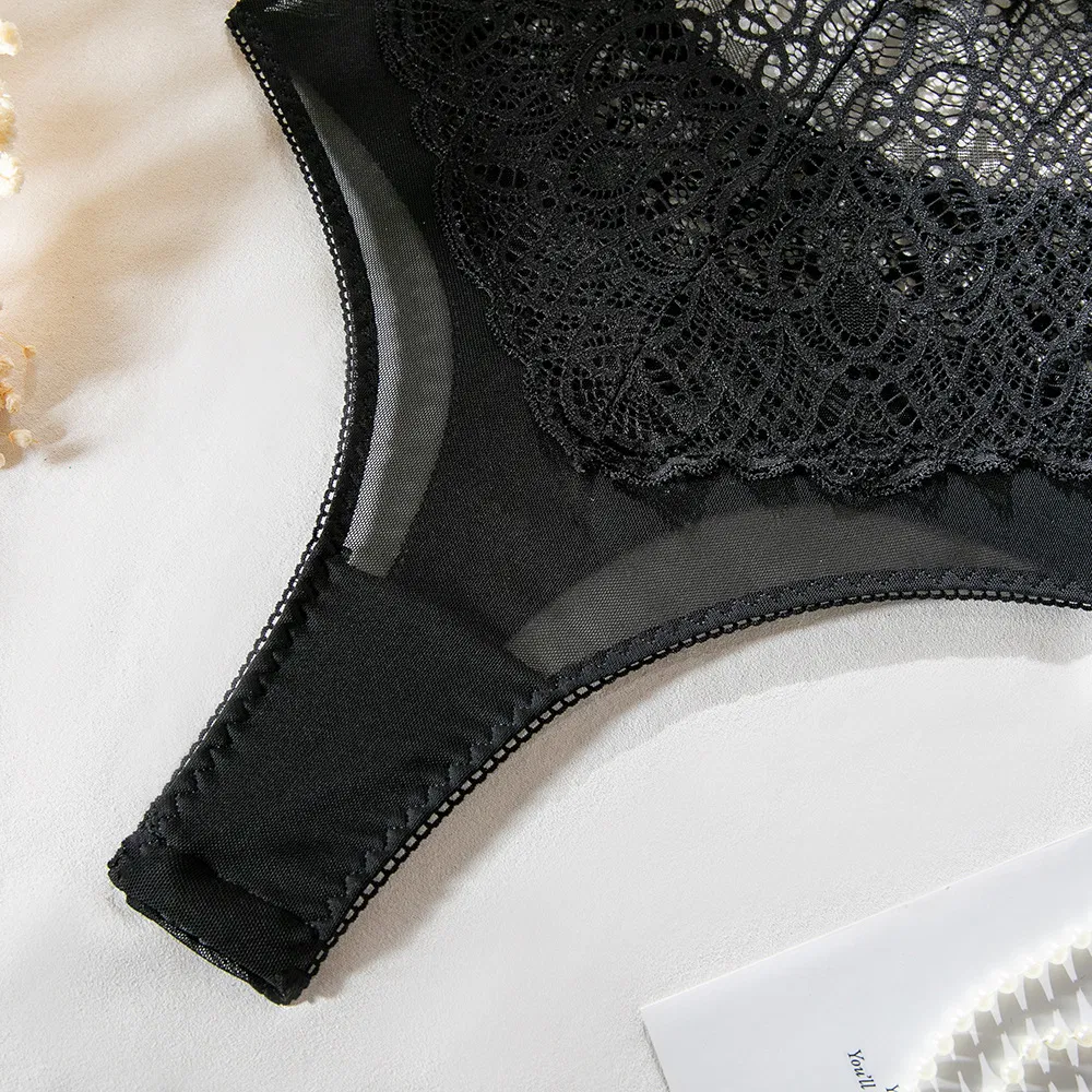 Wholesale Embroidery Lace One-Piece Underwear Set Sexy Deep V Backless Woman Lingerie
