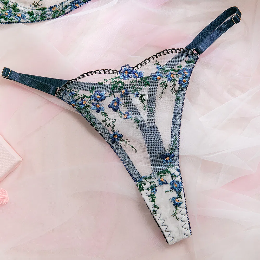 New Fashion Erotic Transparent Mesh Woman Underwear Set Sexy Floral Embroidered Lingerie
