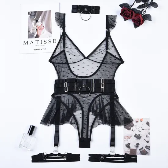 Wholesale Deep-V Transparent One Piece Underwear Set Sexy Polka-DOT Embroidery Lingerie