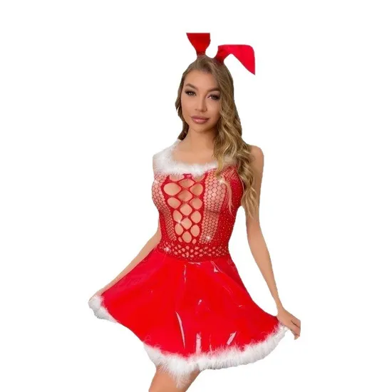 Sexy Hollow One-Piece PU Dress Woman's Underwear Set Wholesale Erotic Christmas Lingerie