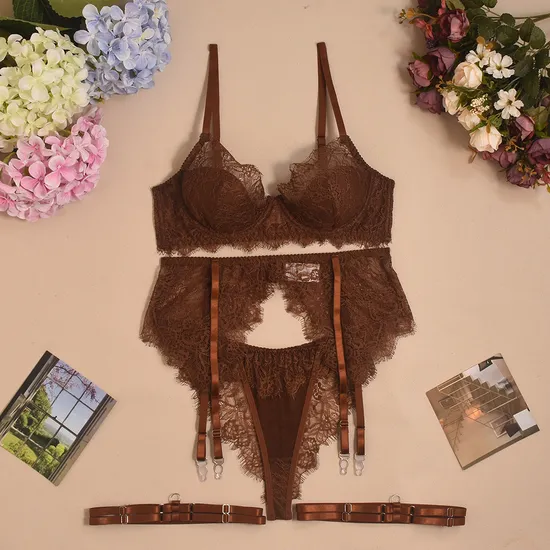 Wholesale Embroidered Eyelash Lace Woman's Underwear Set Sexy Ultra-Thin 2-Piece Lingerie