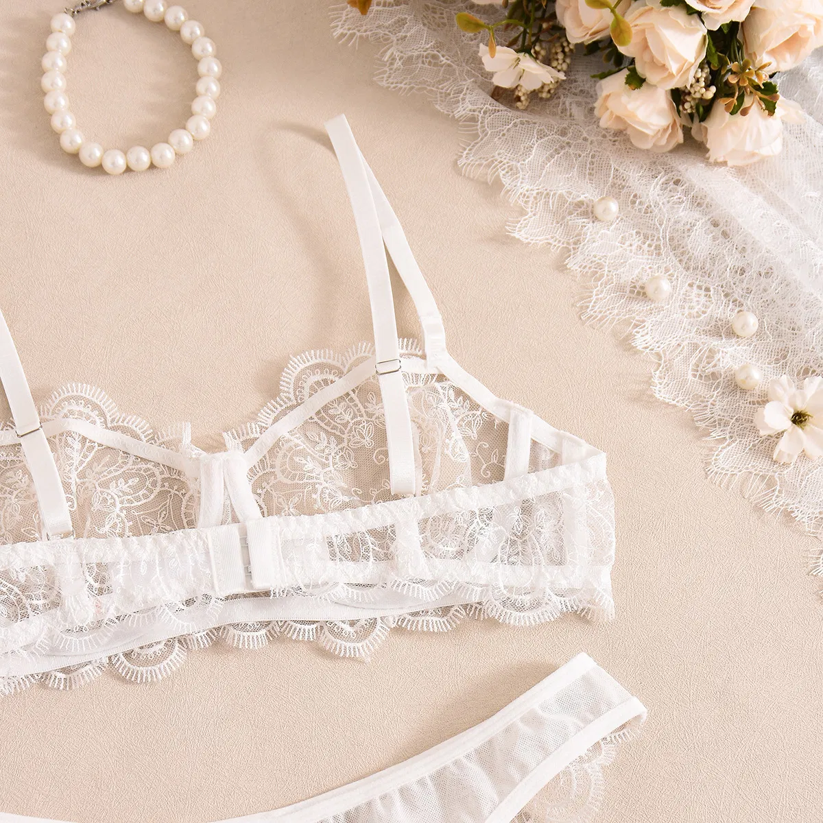 Wholesale Thin Solid Color Transparent Embroidered Lace Underwear Set Sexy Women's Lingerie