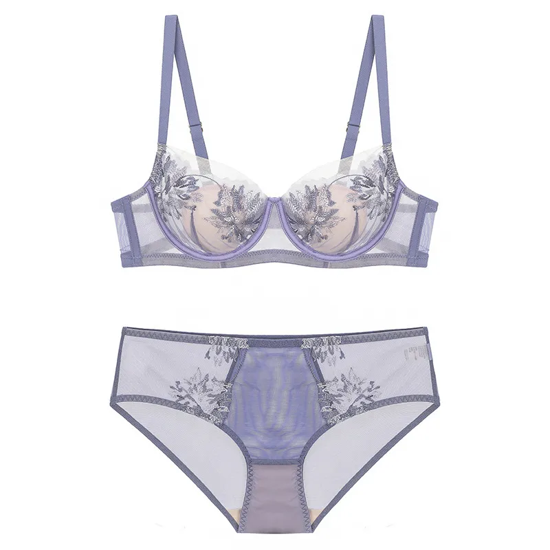 New Style French for Women Embroidery Lace Trim Ultra-Thin Soft Sexy Gathering Bra Set Breathable Underwear Lingerie