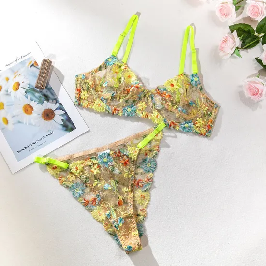 Sexy Floral Embroidery Transparent Mesh Underwear Set Wholesale 2PCS Woman Lingerie