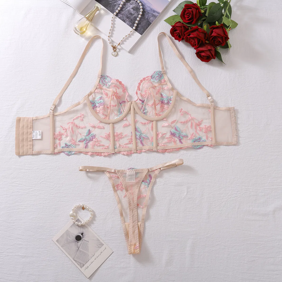 Wholesale Ultra Thin Mesh See Through Underwear Set for Woman Sexy Fishbone Lingerie