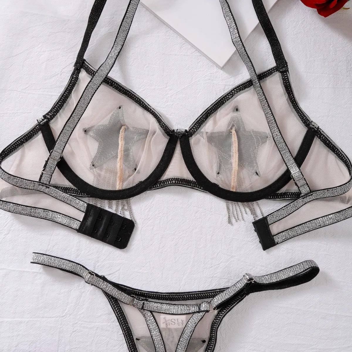 Sexy Tassel Rhinestone Decoration Underwear Set Wholesale See-Through Patchwork Lingerie
