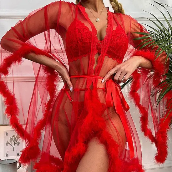 Wholesale See-Through Mesh Long Leeve Sleepwear with Fur Sexy Solid Color Woman Robe