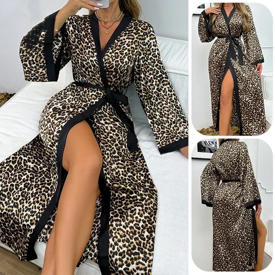 Sexy Satin Leopard Print Long Sleepwear for Woman Wholesale V-Neck Silk Night Robe