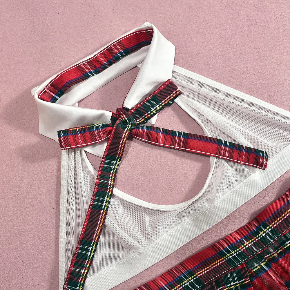 Sexy See-Through Role Play Plaid Bra Set Hot Short Skirt Woman Lingerie