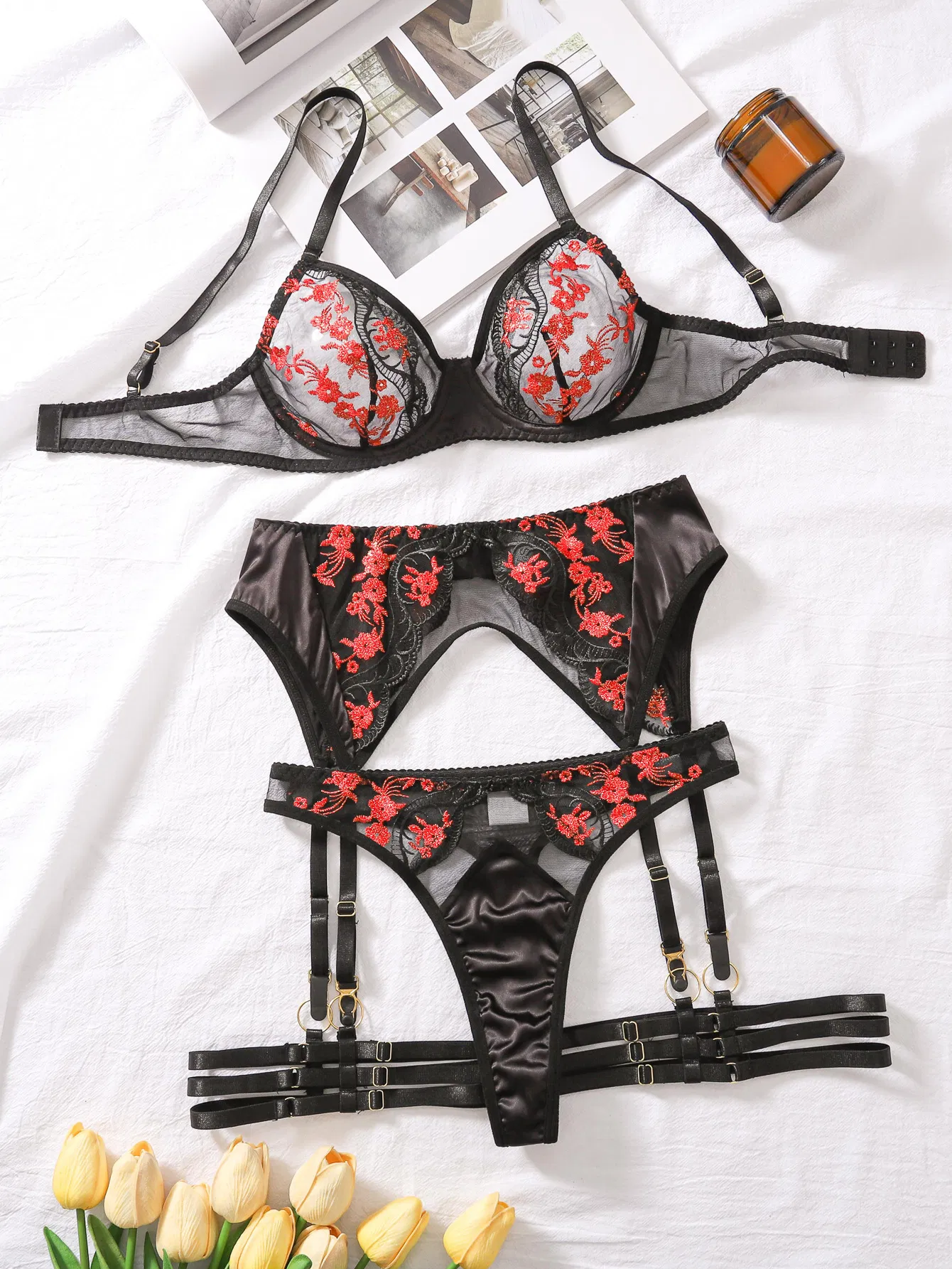 Wholesale Floral Embroidery Lace Underwear Set Dor Woman Sexy Erotic See-Through Mesh Lingerie