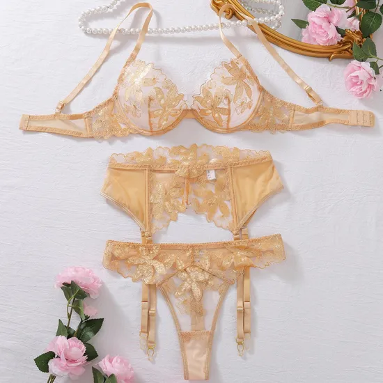 New Style Gold Flower Embroidery Bra Set Sexy See-Through Woman Lingerie