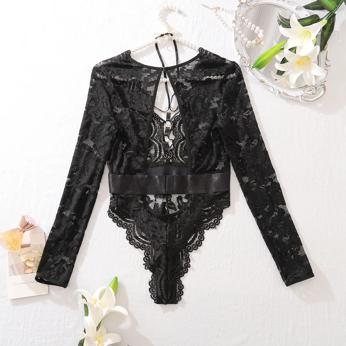 New Arrival Halter Neck Long Sleeve Lingerie Set Sexy See-Through Woman Bodysuit